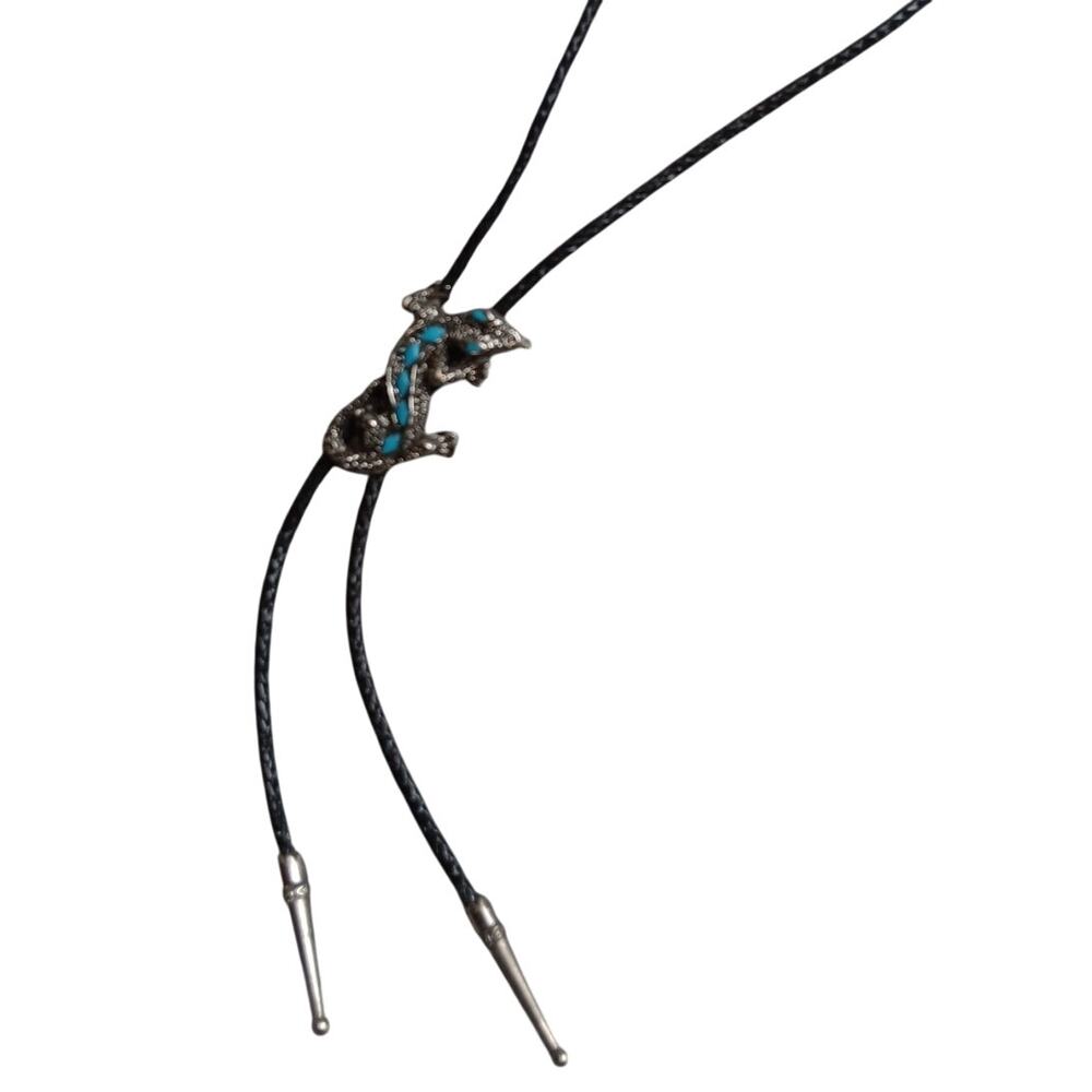Bolo Tie Mens Lizard Shaped Slide Turquoise Stones Vintage‎ Western - Picture 2 of 6